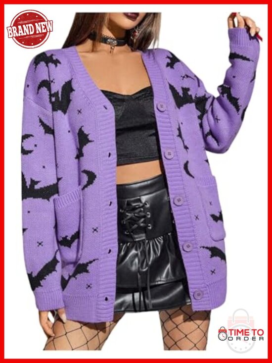 Sweaters - Gothic Graphic V-Neck Button Cardigan Sweater, Long Sleeve Knit Outerwear